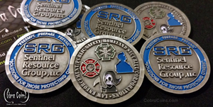 SRG Sentinel Resource Group LLC Law Enforcement/Public Safety/Homeland
Security Antique Silver custom coins with a 2D Front and a 2D Back Wave Edge cuts are on both sides The Sentinel Resource Group logo uses their official blue cobra coins cobracoins.com